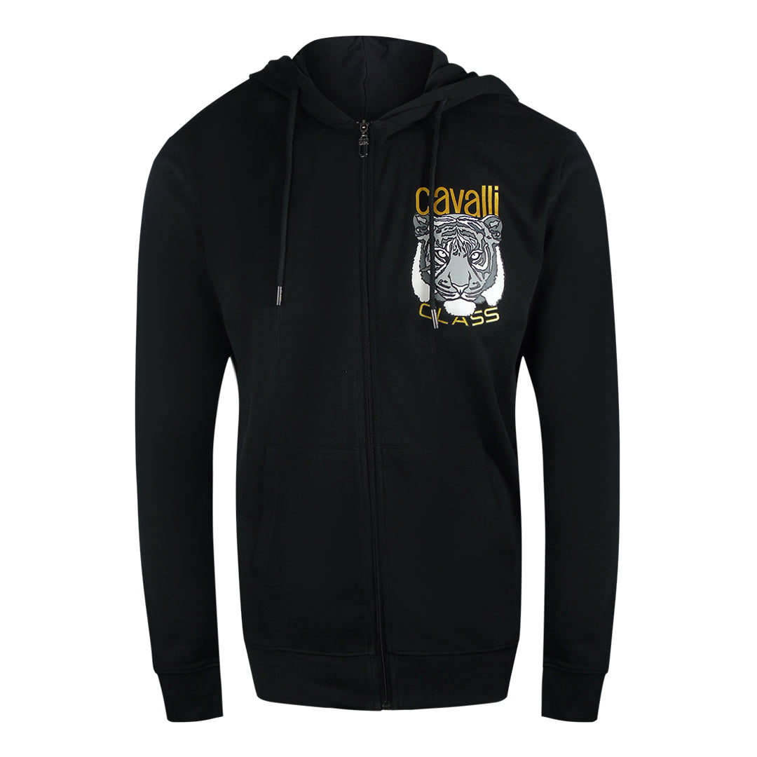 Cavalli Class Bold Tiger Graphic Logo Black Zip-Up Hoodie