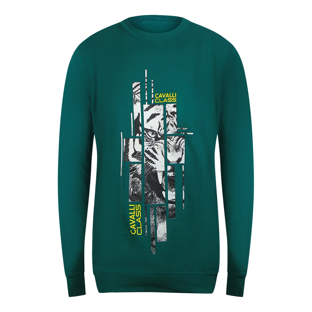 Cavalli Class Splintered Tiger Graphic Green Ottanio Sweatshirt