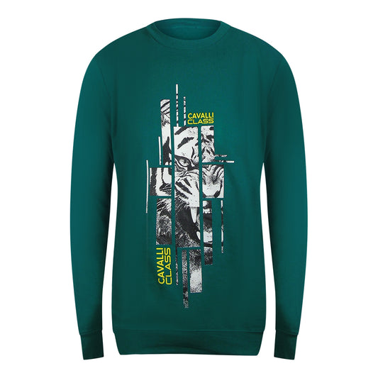 Cavalli Class Splintered Tiger Graphic Green Ottanio Sweatshirt