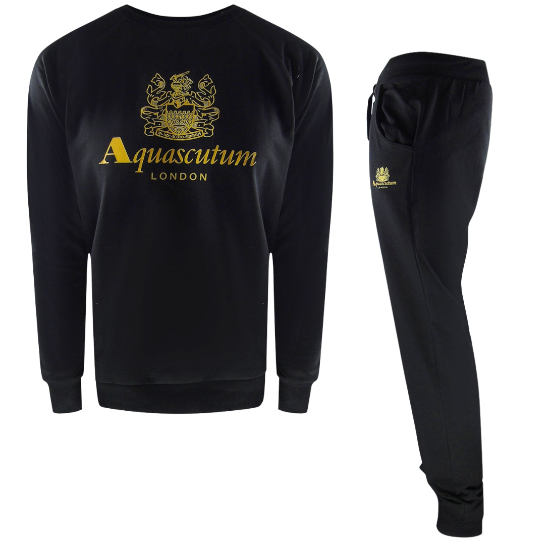 Aquascutum London Logo Crewneck Black Tracksuit Pants Set