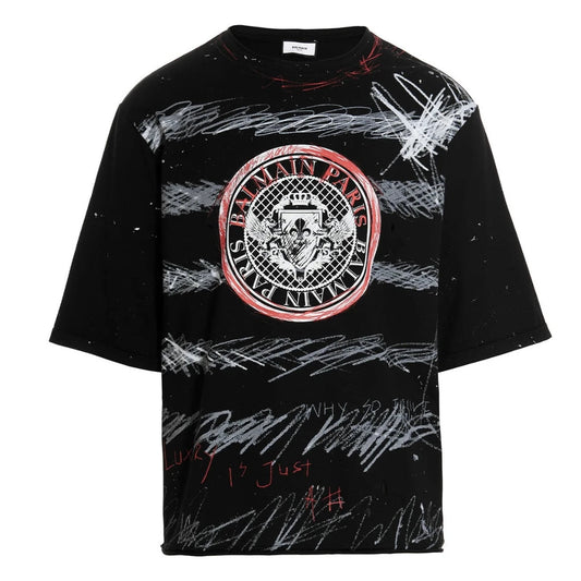 BALMAIN YU1EG035GB82 Balmain Paris Graffiti Coin Logo Black T-Shirt EBE BLACK T-SHIRT MALE S