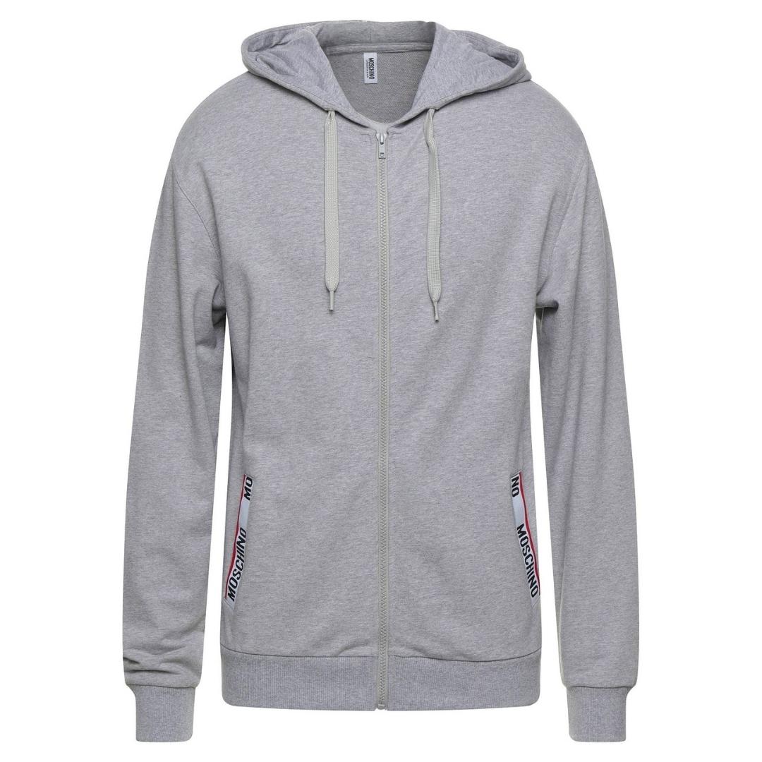 Moschino Brand Taped Pockets Grey Zip Hoodie