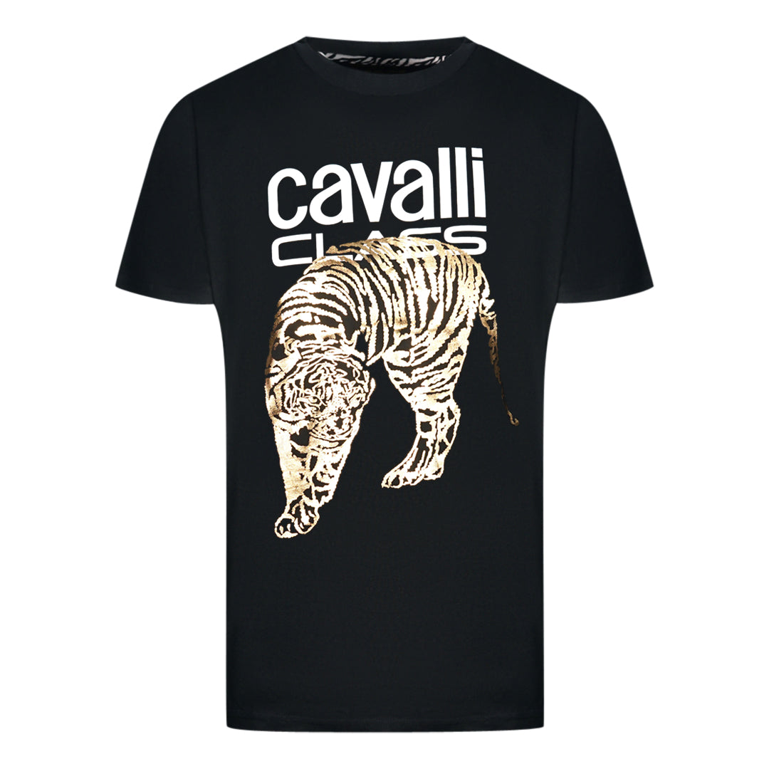 Cavalli Class Large Gold Tiger Stencil Logo Black T Shirt