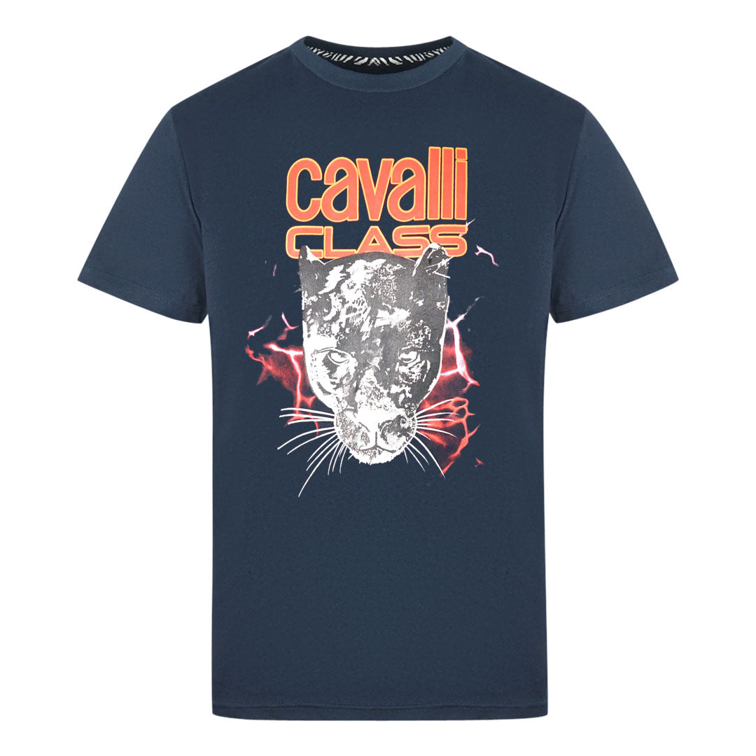 Cavalli Class Lightning Panther Design Navy T-Shirt