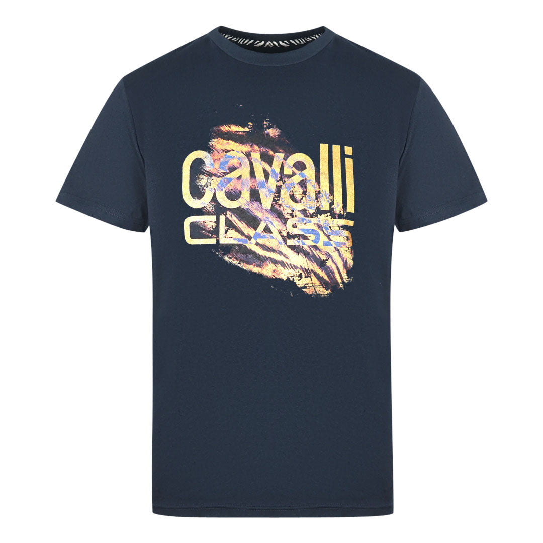 Cavalli Class Slashed Tiger Print Bold Logo Navy T-Shirt
