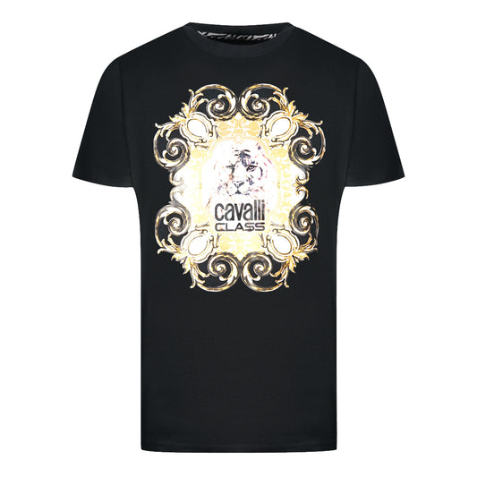 Cavalli Class Bold Tiger Emblem Design Black T-Shirt