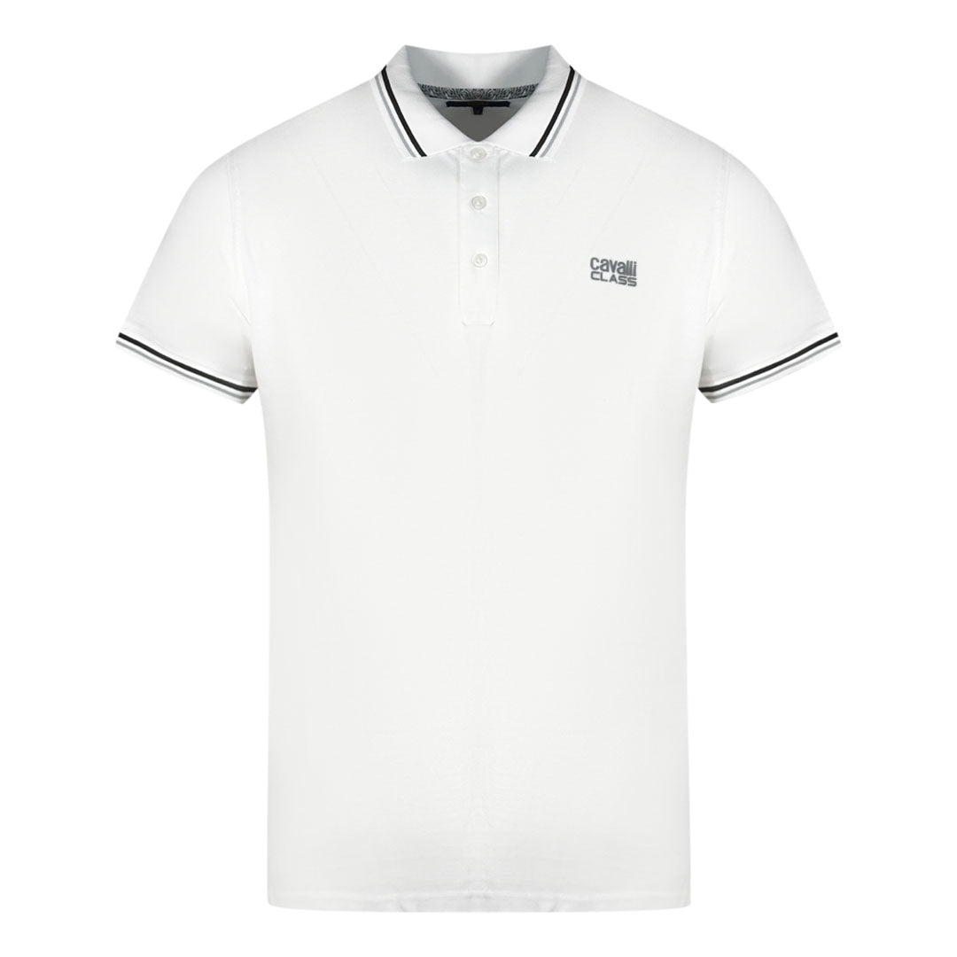 Cavalli Class Twinned Tipped Collar Grey Logo White Polo Shirt