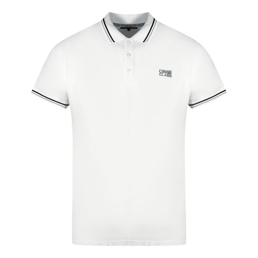 Cavalli Class Twinned Tipped Collar Grey Logo White Polo Shirt