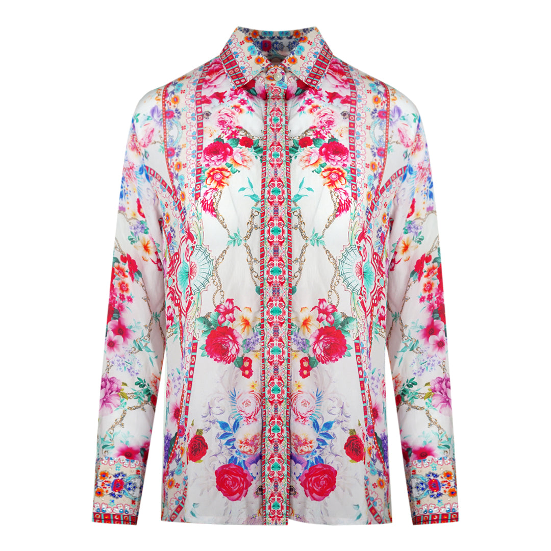 Inoa Rosetto Gardenia White Floral Long Sleeve Blouse Silk Shirt