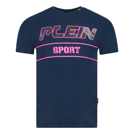 Plein Sport Block Pink Logo Navy Blue T-Shirt