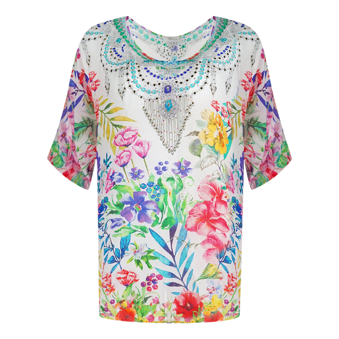 Inoa White Floral Multicoloured Long Sleeve Silk Fish Top