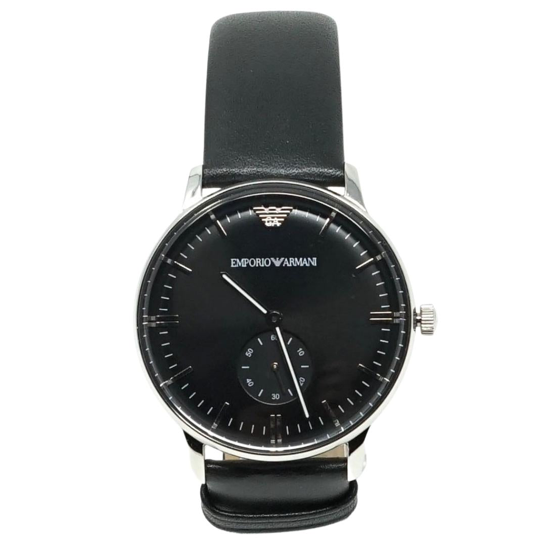 Emporio Armani Ar0382 Two Hand Black Leather Strap Watch